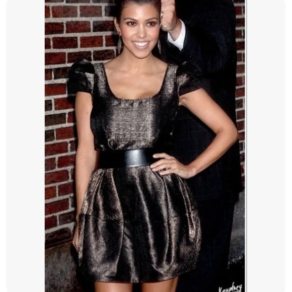 H&M Y2k metallic bronze puff cap sleeve bubble cocktail party formal dress - Picture 10 of 12